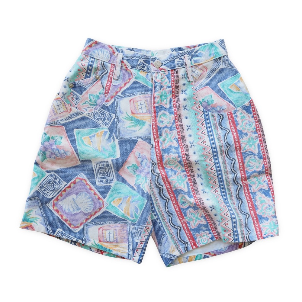 Mixed Blues Womens 7 Vintage High Rise Colorful Print Denim Shorts Southwest
